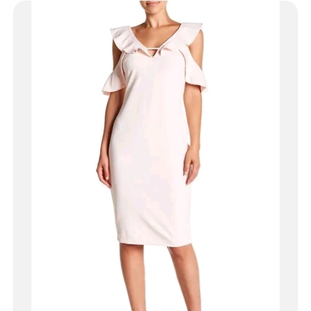 Rachel Rachel Roy Pink Ruffle Cold-Shoulder V-Neckline Sheath Dress Size 0